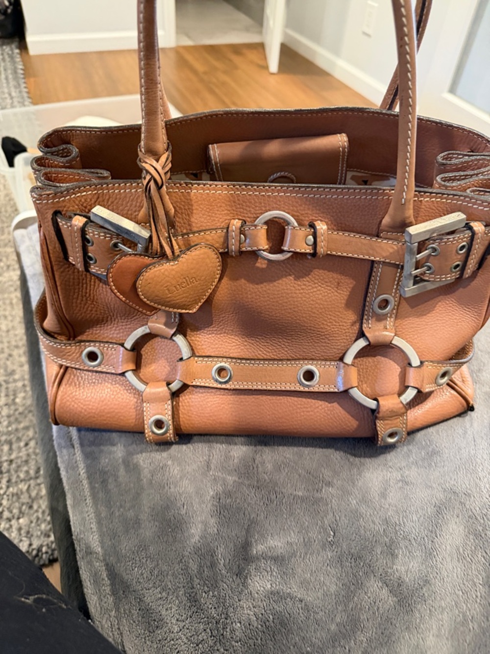 Luella tan leather tote bag with silver hardware and heart detailing